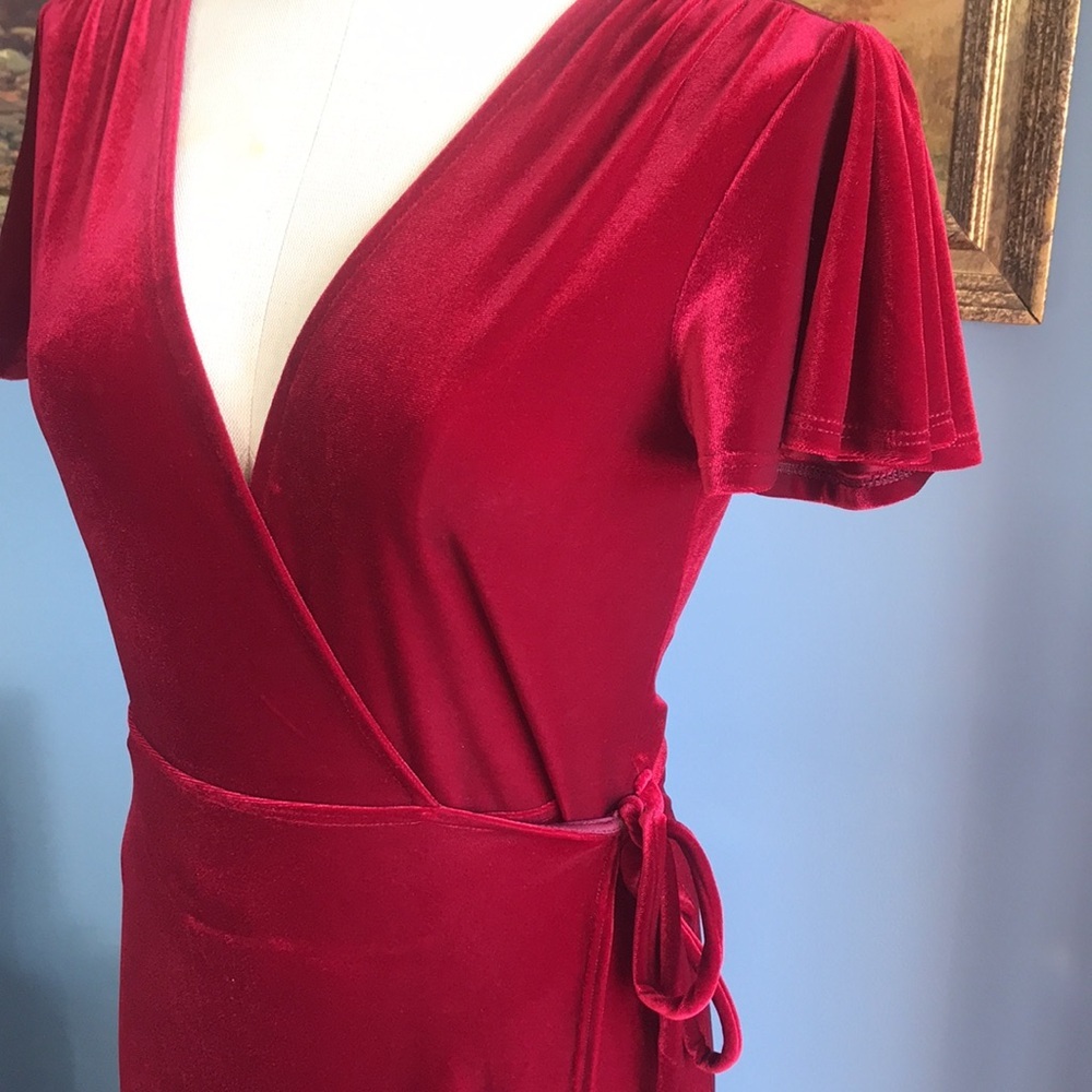 BHLDN red velvet short sleeves asymmetric wrap dress witchy goth fairy holidays - Picture 7 of 15